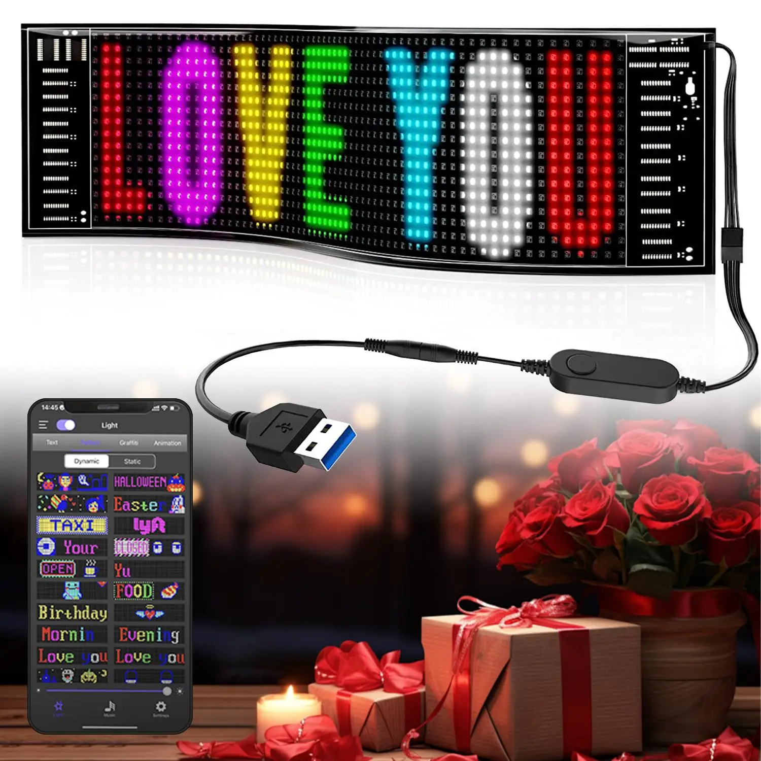 LED RGB Matrix Pixel Screen, 1 Count Scrolling Bright Advertising LED Sign, Flexible USB Powered 5V Bluetooth-compatible LED Car Sign with APP Control