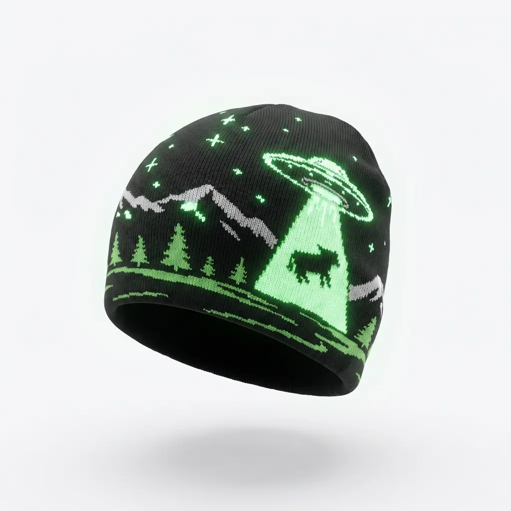 Glow-in-the-Dark Beanie with UFO Abduction Design, Fashion Accessory for Cold Weather