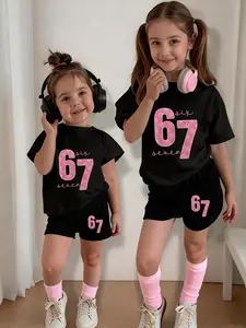 Girls' Casual Short Sleeve Shorts Set, Age 4-12, Fitted Round Neck Tee with Star Print, Sweet and Playful Design, All Seasons