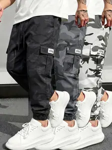 Men’s Camo Print Tapered Cargo Jogger Pants, Elastic Drawstring Waist, Small Label Flap Pocket Trousers
