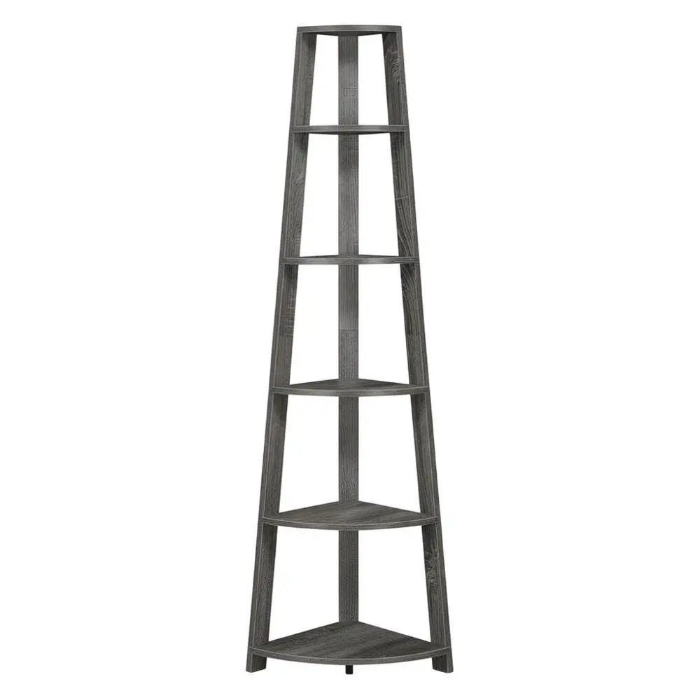 Weathered Gray 5-Tier Corner Bookshelf with Contemporary Design