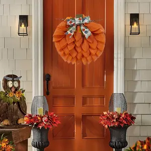 40cm-15.74in Rustic Pumpkin Wreath with Bows, Berries, Burlap Fabric Pumpkin Garland, Light Ornaments, Lightweight Festive Decor for Thanksgiving, Halloween Front Door Hang Home Supplies