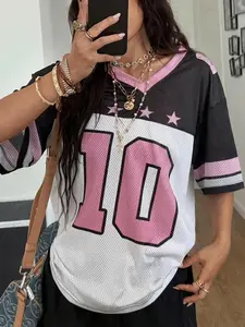 Women's Y2K Vintage Breathable Mesh Jersey Top, Loose Fit Digital Print Short Sleeve Tee, Tiktok Trendy Casual