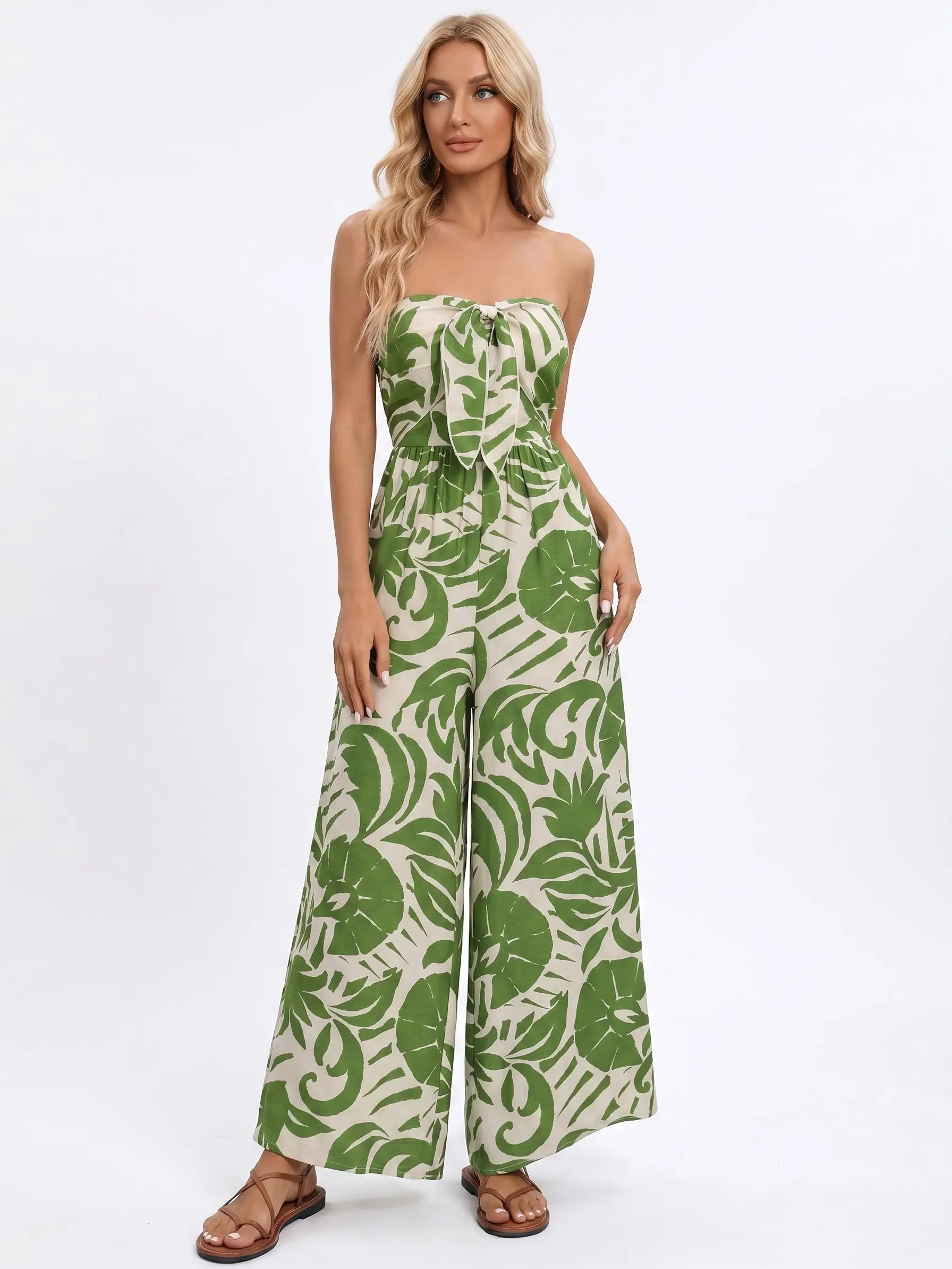 Katch Me Chic Women's Vibrant Knotted Front Tropical Print Wide Leg Jumpsuit, Summer Flexible Strapless Romper for Beach Vacation, Lightweight Skin-Friendly Daily Outfit
