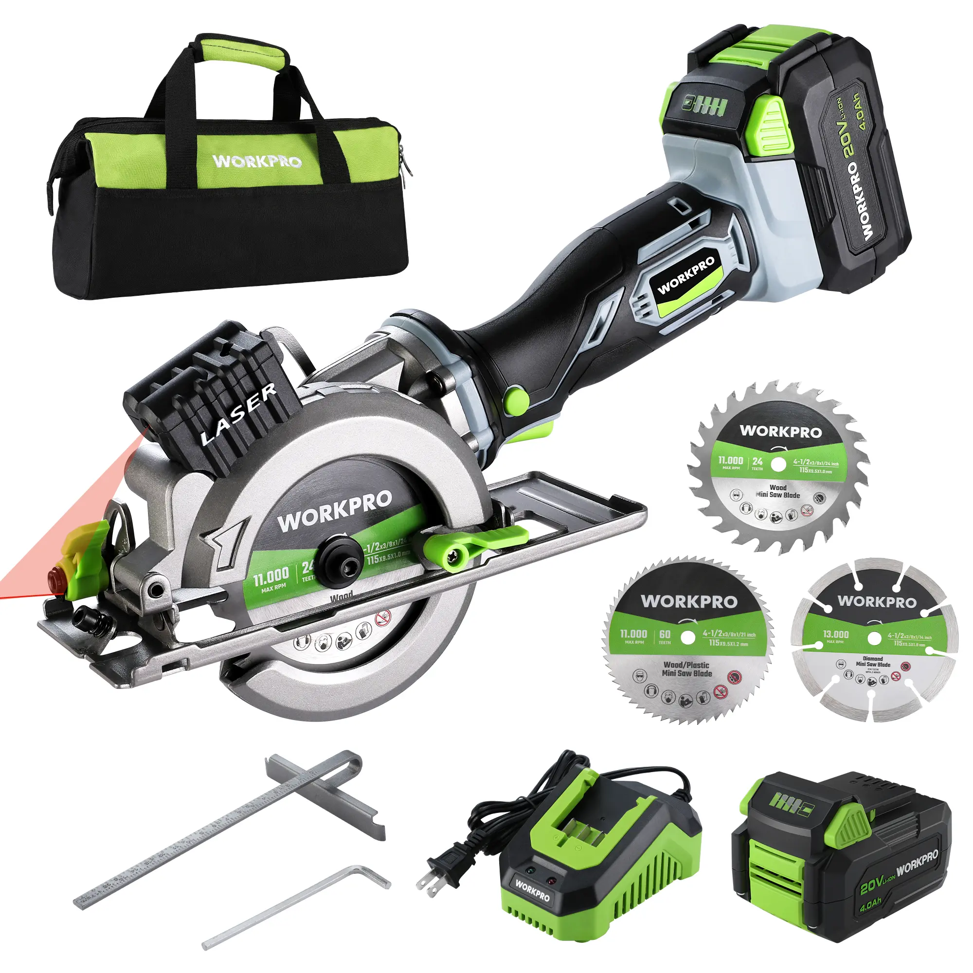 #fathersdaygift WORKPRO Mini Circular Saw, 4-1/2" Compact Wireless Circular Saw 4.0Ah Battery, Fast Charger, 3 Blades, 4500RPM, Laser Guide, Max Cutting Depth 1-11/16"(90°), 1-1/8"(45°)