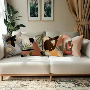 4pcs Boho African Women Portrait Print Pillow Covers, Living Room Sofa Bedroom Decorative Cushion Cases, No Insert Included