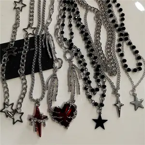 LUX-JEWEL - Punk Rock Y2K Black Star Cross Red Heart Pendant Ghost Claw Choker Chain Necklace Men Women Goth Vintage Grunge EMO Accessories
