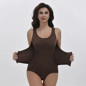 Women's Nylon Coffee Compression Shapewear Bodysuit - Front Closure, Breathable Lightweight Women's Clothes, Tummy Control, Waist Cincher, Elastic, Fitted, Contoured, Butt-Lifting Full-Body Shaping Underwear