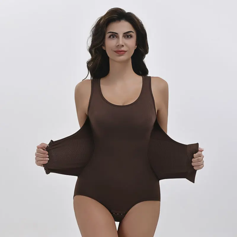 Women's Nylon Coffee Compression Shapewear Bodysuit - Front Closure, Breathable Lightweight Women's Clothes, Tummy Control, Waist Cincher, Elastic, Fitted, Contoured, Butt-Lifting Full-Body Shaping Underwear