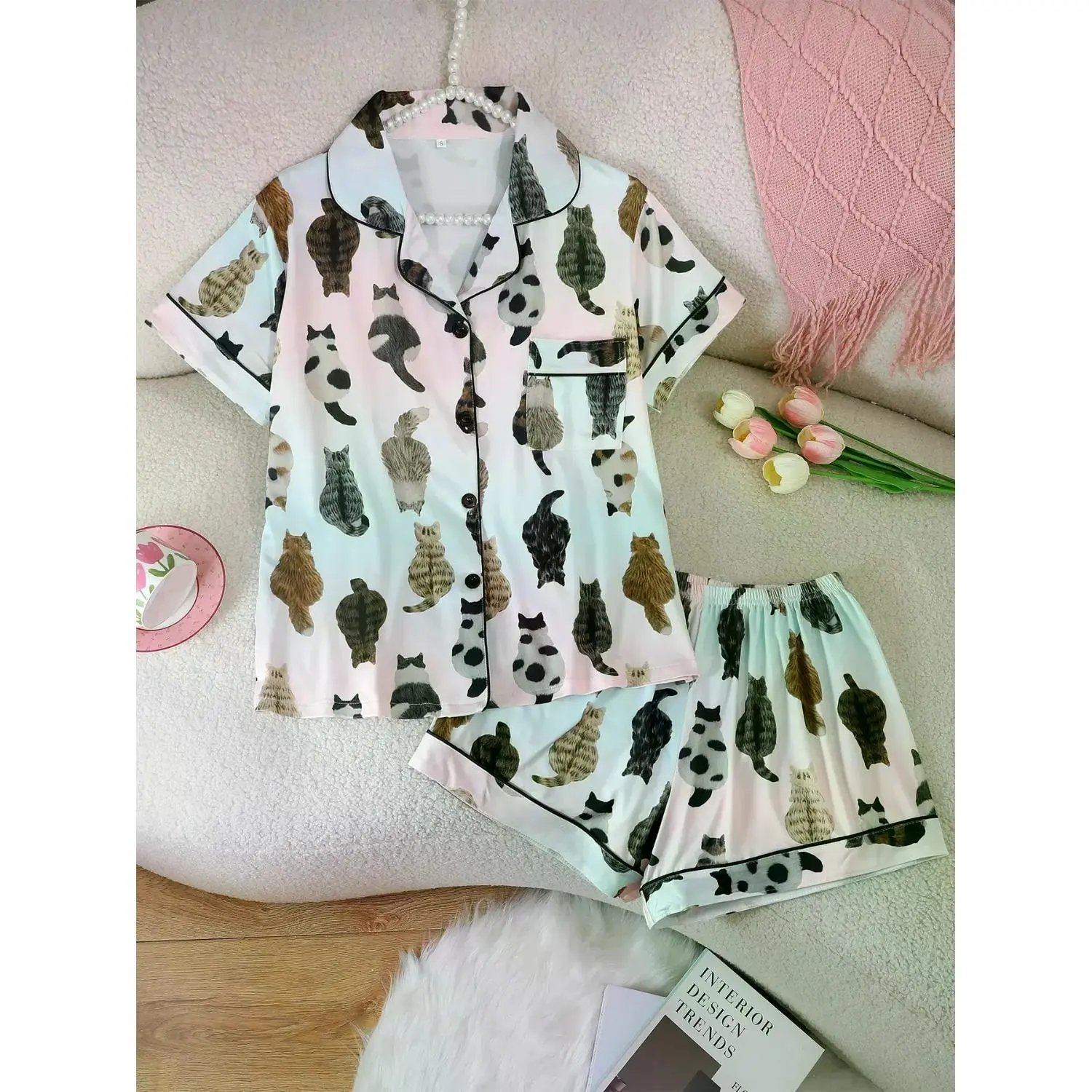 Women's Cartoon Cat Full Print Sleepwear Set, Short Sleeve Collared Cardigan & Loose Elastic Shorts, All-Season Casual Pajamas Lounge Set