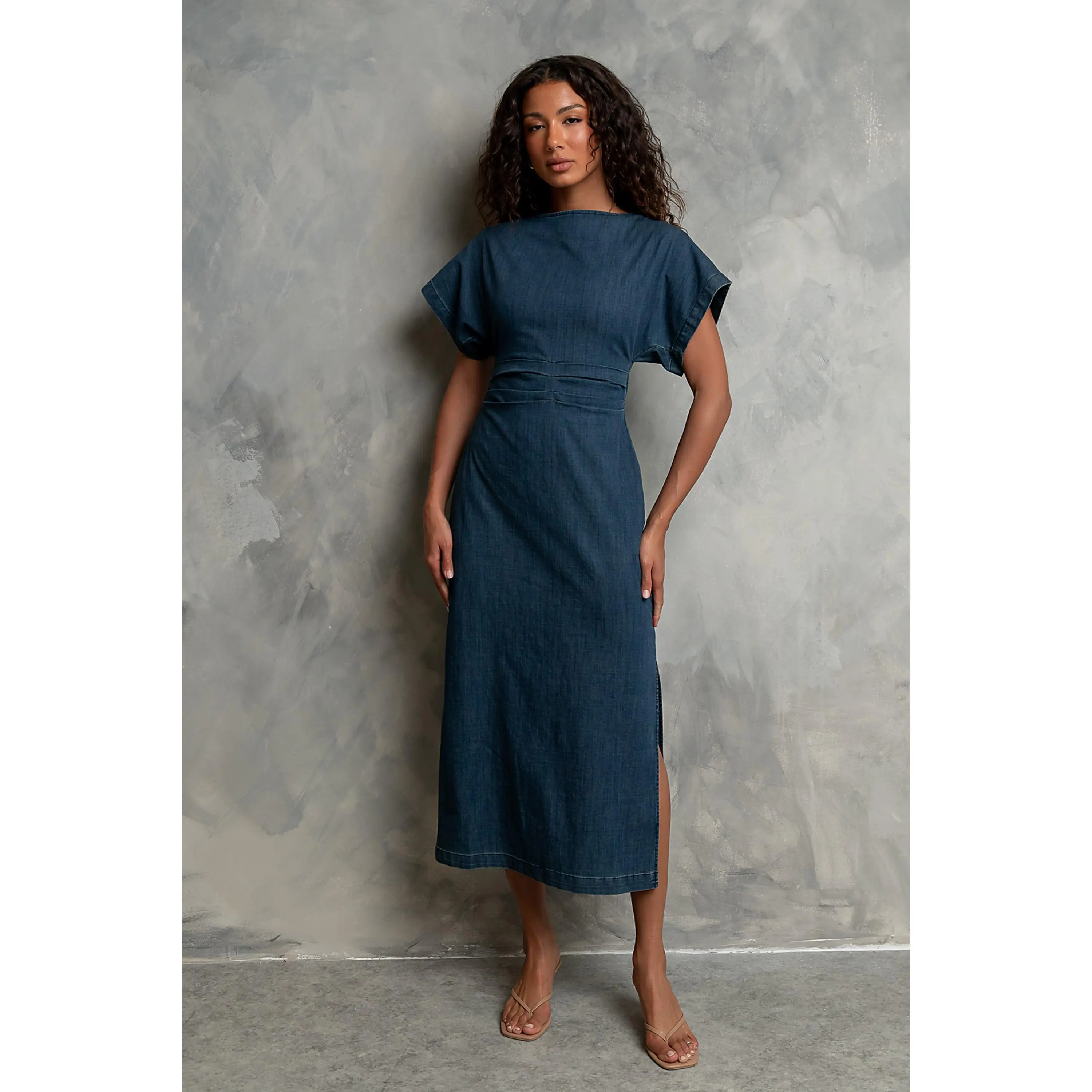 Women's Boho Casual Pleated Maxi Dress - Short Sleeves, Boat Neck, Spandex-Cotton Blend Fabric, Pleated Waist, Back Zipper, Unlined, Dark Wash, Tumble Dry, Boho Fashion Casual