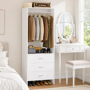 24''W Closet System with 3 Wood Drawers and Hanging Rod, Freestanding 2FT Walk-in Closet Organizer Modular Wardrobe Bedroom Armoire For Small Space