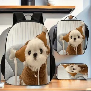Dog-themed three-piece backpack set, washable, with random print designs - suitable for middle and high school students