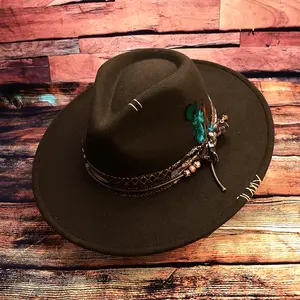 Hand-Sewn Needle Personalized Feather Outdoor Unisex Felt Hat, Classic Panama Felt Hat for Spring And Winter Street Photography