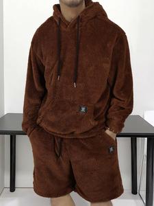 two-piece set men's solid color pocket hoodie & drawstring waist shorts, regular fit casual long sleeve hooded sweatshirt & shorts, men's two-piece outfits for all seasons, sets for men clothing, summer outfits, sweatsuit set outfit