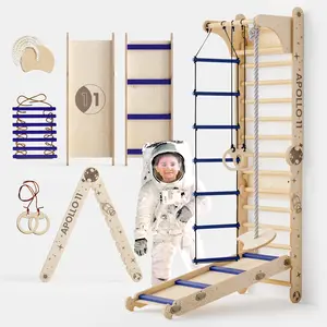 Apollo 6-in-1 Swedish Wall & Moon Swing  – NASA-Inspired   Frame for Kids, Space-Themed Gym with Slide, Ladder, Rope & Moon Rings – For Little Astronauts Ages 2-12 Jungle Gym Playset Pikler Triangle Set Montessori