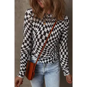 Checker Mesh Mock Neck Long Sleeve Top