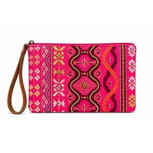 Electric Cowgirl Hot Pink Beaded Wristlet Clutch – Handmade Western Boho Pouch with Leather Strap
