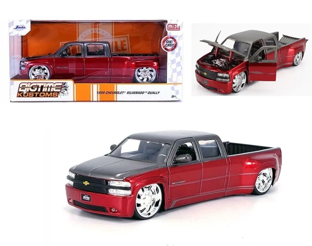 JADA 1:24 SCALE 1999 CHEVROLET SILVERADO DUALLY RED & GRAY W/KMC WHEELS PICKUP TRUCK DIECAST MODEL 35590-6E