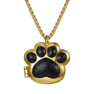 Dog Paw Locket Necklace: Gold Personalized Stainless Steel Photo Memory Pendant Necklaces Pet Memorial Jewelry for Women