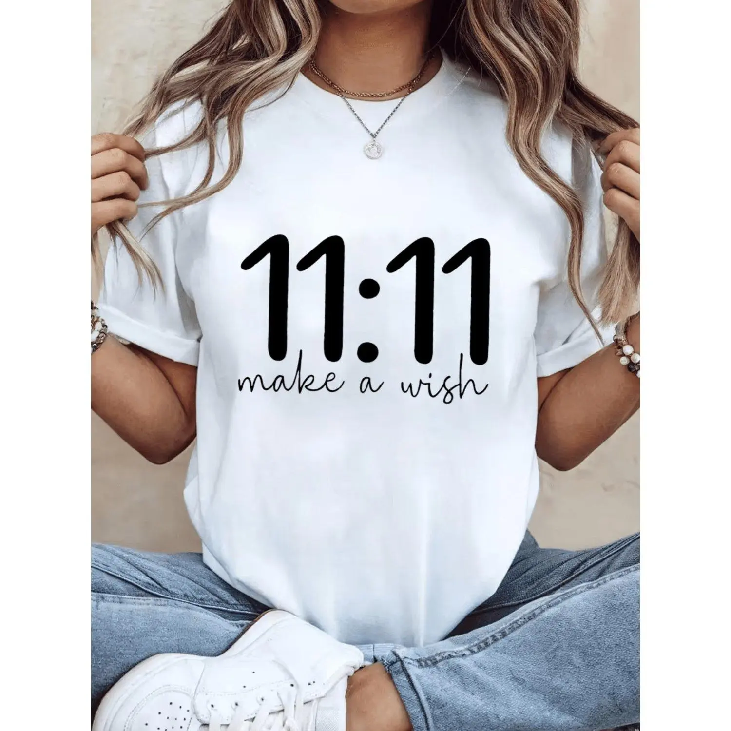 Eleven Eleven Make A Wish Casual Round Neck T Shirt Suitable for Spring And Summer Tops Retro Base Shirt Going Out for Leisure and Daily Dressing