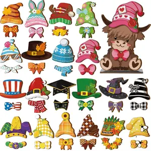 42 Pcs Interchangeable Valentines Highland Cow Decor Holiday Highland Cow Gifts Seasonal Sign Farmhouse Rustic Wood Welcome Ornament Tiered Tray Decoration Desk Accessories for Home Office