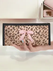 Leopard Bowknot Pattern Triangle Pencil Case, Portable Multi-Functional Stationery Bag, Zipper Design, Unisex School Supplies Holder