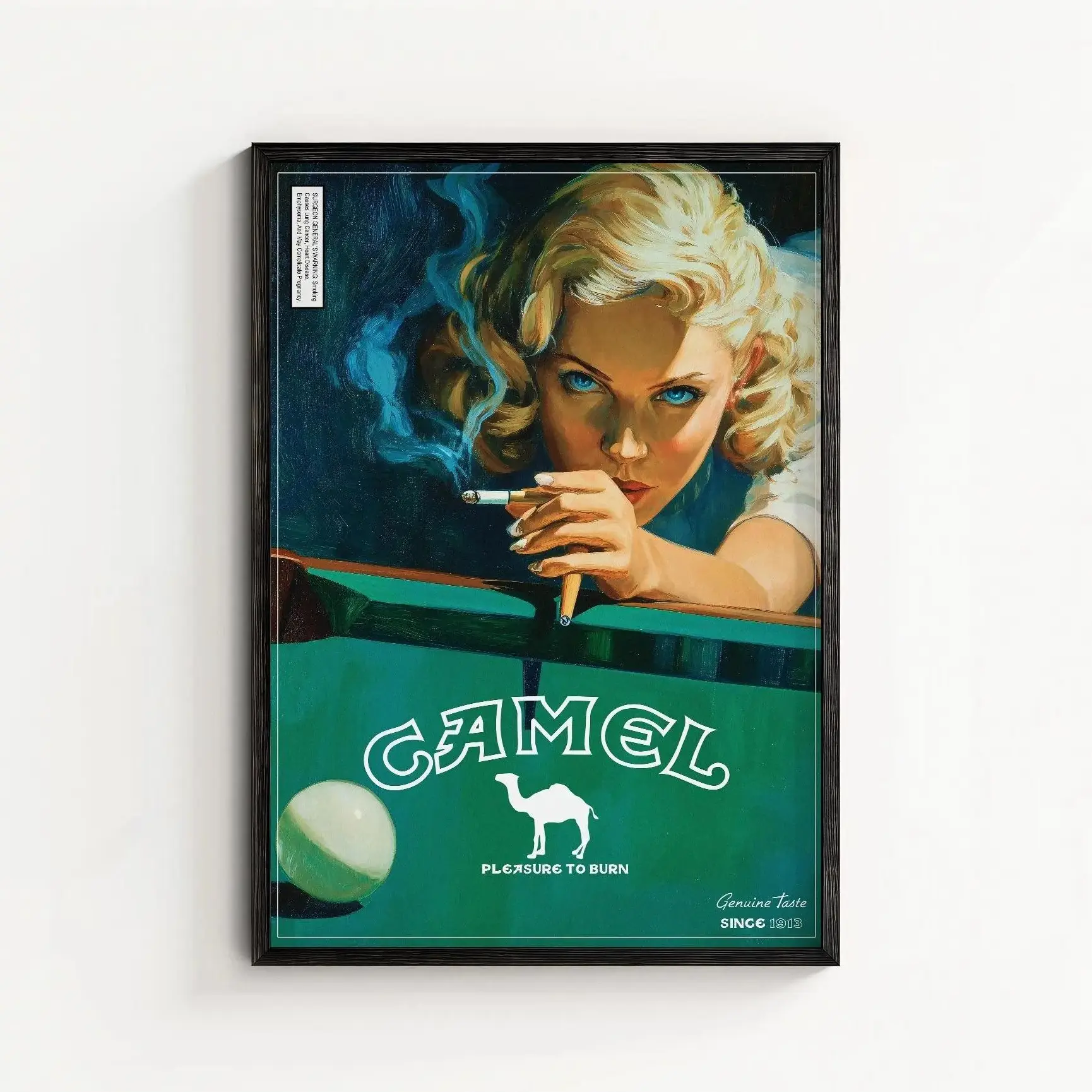 Camel Retro Cigarette Poster, Unframed Vintage Tobacco Advertising Wall Art Print with Pleasure To Burn Classic Ad Design, Bar Cart Man Cave Lounge Decor for Bedroom Apartment Garage Decoration, Old School Americana Gift