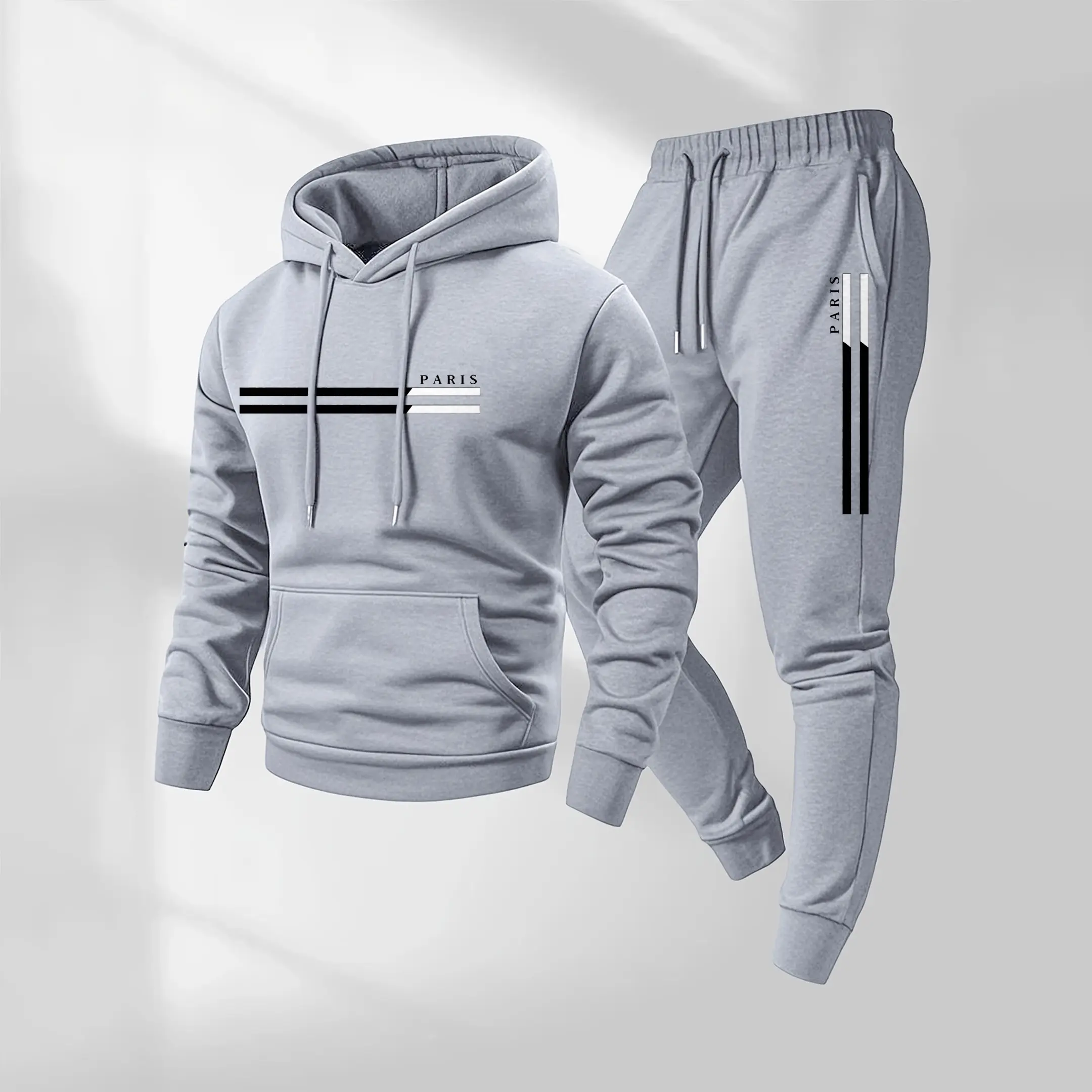 Men's Parisian Letter Pattern Print Hoodie and Drawstring Sweatpants Set, Menswear, Casual Athletic Long Sleeve Hooded Jacket & Trousers for Fall & Winter, Men's Clothing for Daily Wear, Sportswear Indoor Outdoor, Tracksuit, Athleisure