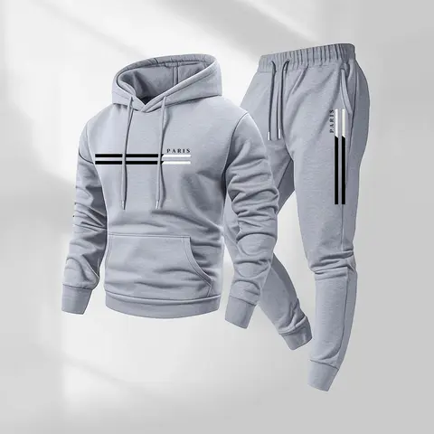 Men's 2-Piece Paris Letter Print Hoodie & Drawstring Sweatpants Set - Long-Sleeve Hooded Sweatshirt with Pockets, Jogger Outfit, Fall Winter Casual Streetwear, Athletic Activewear Tracksuits, Daily Athleisure Fashion
