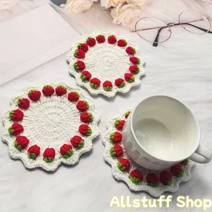 Handmade Strawberry Crochet Coasters for Protecting Tableware - an Elegant Decoration And Safeguard for Your Table, Perfect for Valentine'S Day, Mother'S Day, Teacher'S Day, Thanksgiving, Birthdays, Party Gifts, And Bridal Favors.