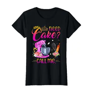 Men's Wear Men's & Women's Retro Baking-Themed T-Shirt - "Need Cake? Call Me" Slogan with Cupcake, Mixing Bowl & Baking Ingredients Design - Black with Pink & Golden Lettering - All-Season Casual Wear for Gym, Outdoor Activities & Baking Enthus