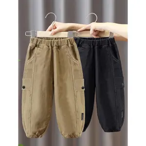 Youngsters' Cotton Elastic Waist Casual Cargo Pants with Multiple Pockets - Regular Fit Straight-Leg Trousers for Boys and Girls, All-Season Comfort, Black, Allseason Pants, Classic Straight Leg, Comfortable Fit, for Outdoor, Perfect for Outdoor