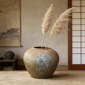 Wabi-Sabi Style Ceramic Vase with Rustic White Patina, Vintage Rough Textured Pottery Flower Vase for Dried Flowers, Handmade Artistic Glazed Vessel for Home Decor, Perfect for Living Room, Entryway & Aesthetic Interior