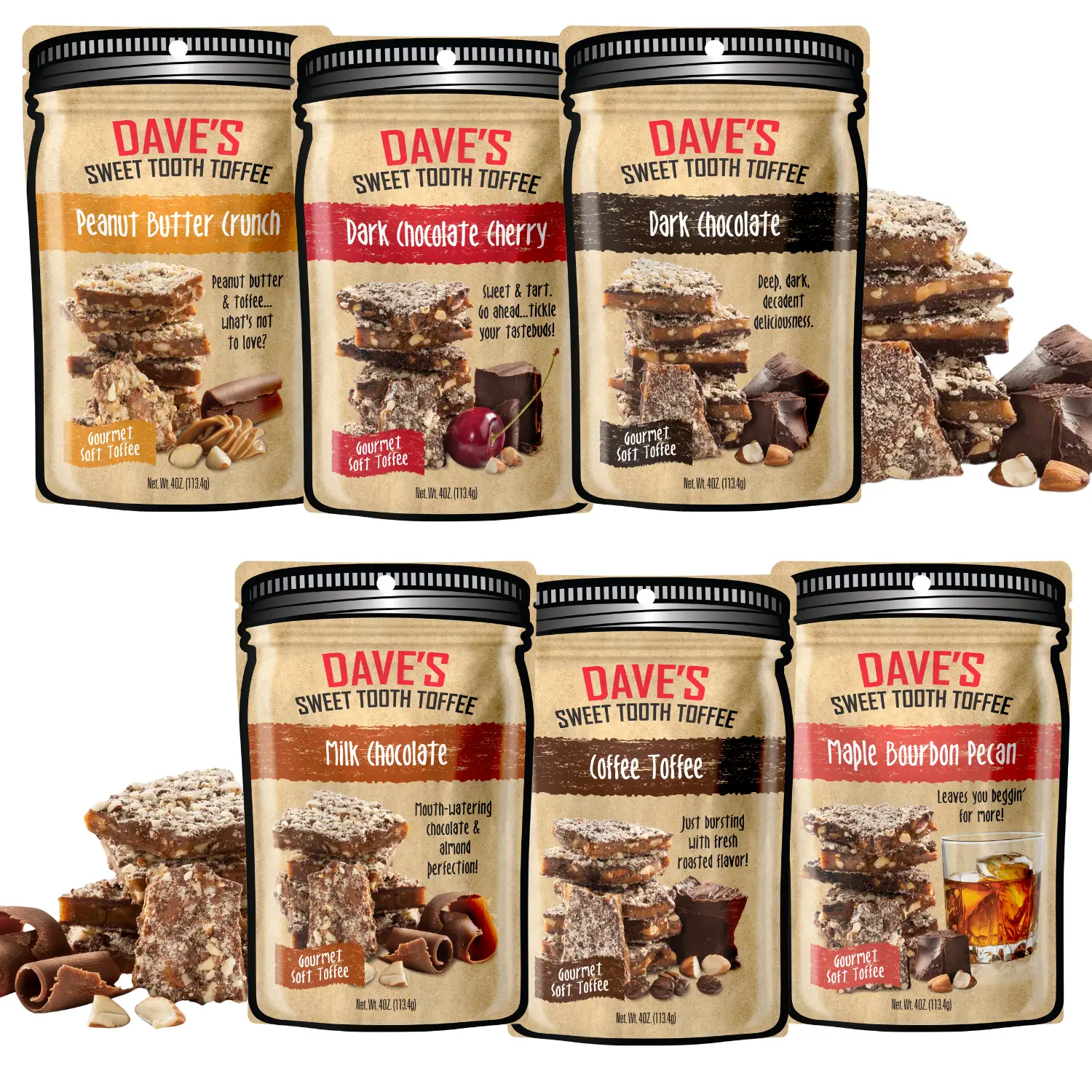 Classic Toffee Sampler Pack - Dave's Sweet Tooth Milk Chocolate Almond Toffee, Sweets & Snacks, Dessert Candy, Hand Crafted & Made In Small Batches