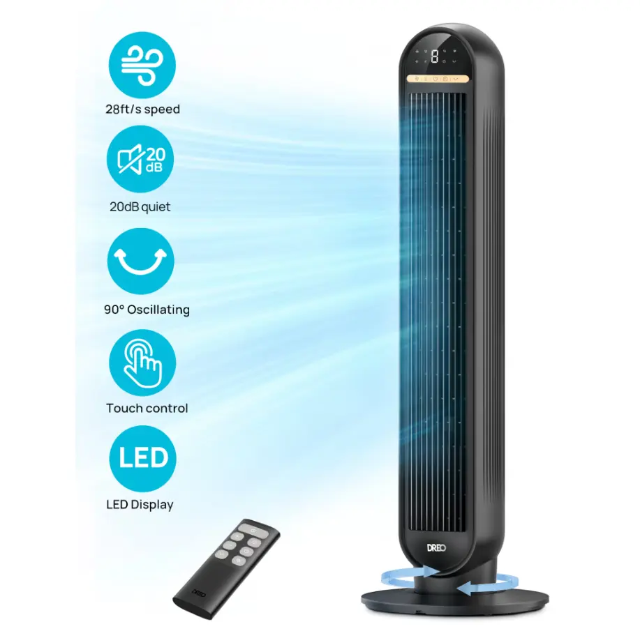 DREO 36" Tower Fan, 20dB Ultra Quiet Fans for Home, 8 Speeds & 4 Modes, 28ft/s Powerful Airflow, 90° Oscillating Standing Fan with Remote, 8H Timer, 2026 New Upgraded