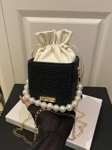 Stylish Women's Chain Crossbody Bag with Pearl Handle, Versatile Spring Summer Bucket Bag, High-End Drawstring Design for Fashion Enthusiasts