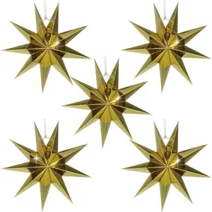 5Pack 9-Pointed Paper Star Lantern 11.8 inch Hanging Paper Lampshade for Winter Wonderland Xmas Day Decoration Wedding Birthday Party Home Decor Gold
