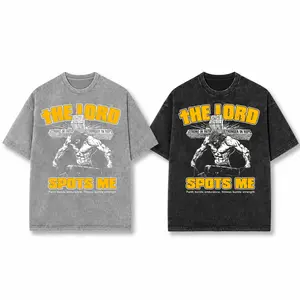 The Lord Spots Me God Gym Graphic Acid Washed T-Shirt – Christian Faith Workout Short Sleeve Tee, Oversized Vintage Cotton Streetwear Shirt for Men & Women