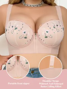 Mimilemon Plus Size Front Zipper Floral Embroidery Push Up Bra Wide Straps Support Lingerie Easy To Wear Minimizer Lace Bra Lace Bras