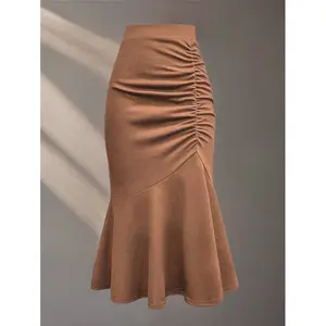Women Solid Color Pleated Mermaid Hem Long And Graceful Skirt