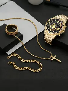 Luxury Fashion Watch Set for Men, Multifunctional Timer, Chain Bracelet, Cross Necklace, Patterned Ring, Perfect Gift for Parties