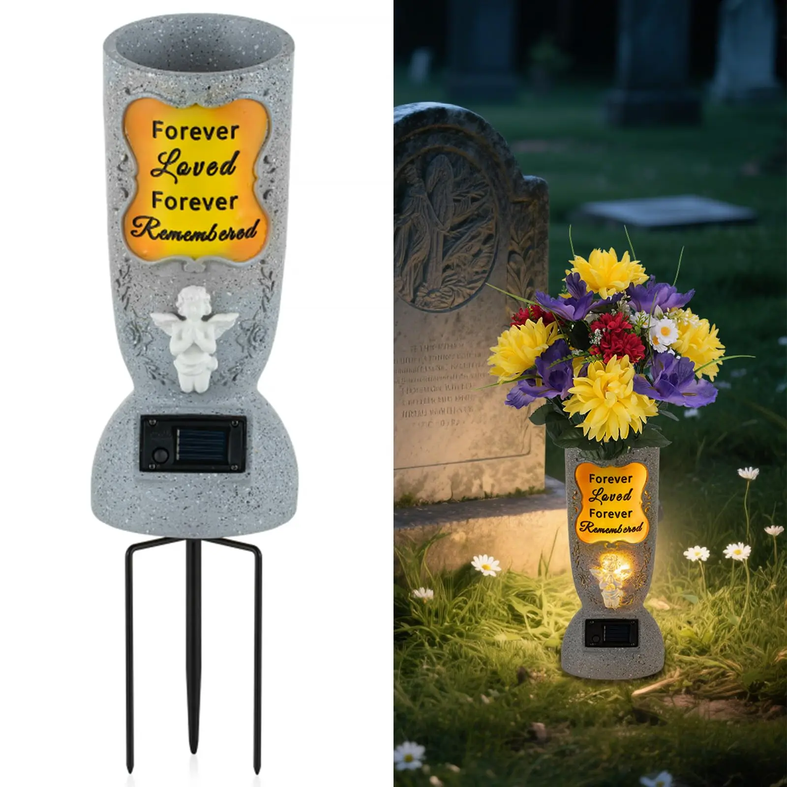 Solar-powered cross angel flowerpot solar-powered cemetery vase with LED for fresh/artificial flower vases, tombstone decoration, commemorative gifts for those who have lost their loved ones, Christmas decoration and Christmas gifts summerwins
