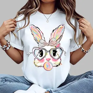 Men's Thick Cotton Yarn Graphic T-Shirt - White, Cute Easter Bunny With Heart Glasses & Bubblegum Print, Spring Holiday Top