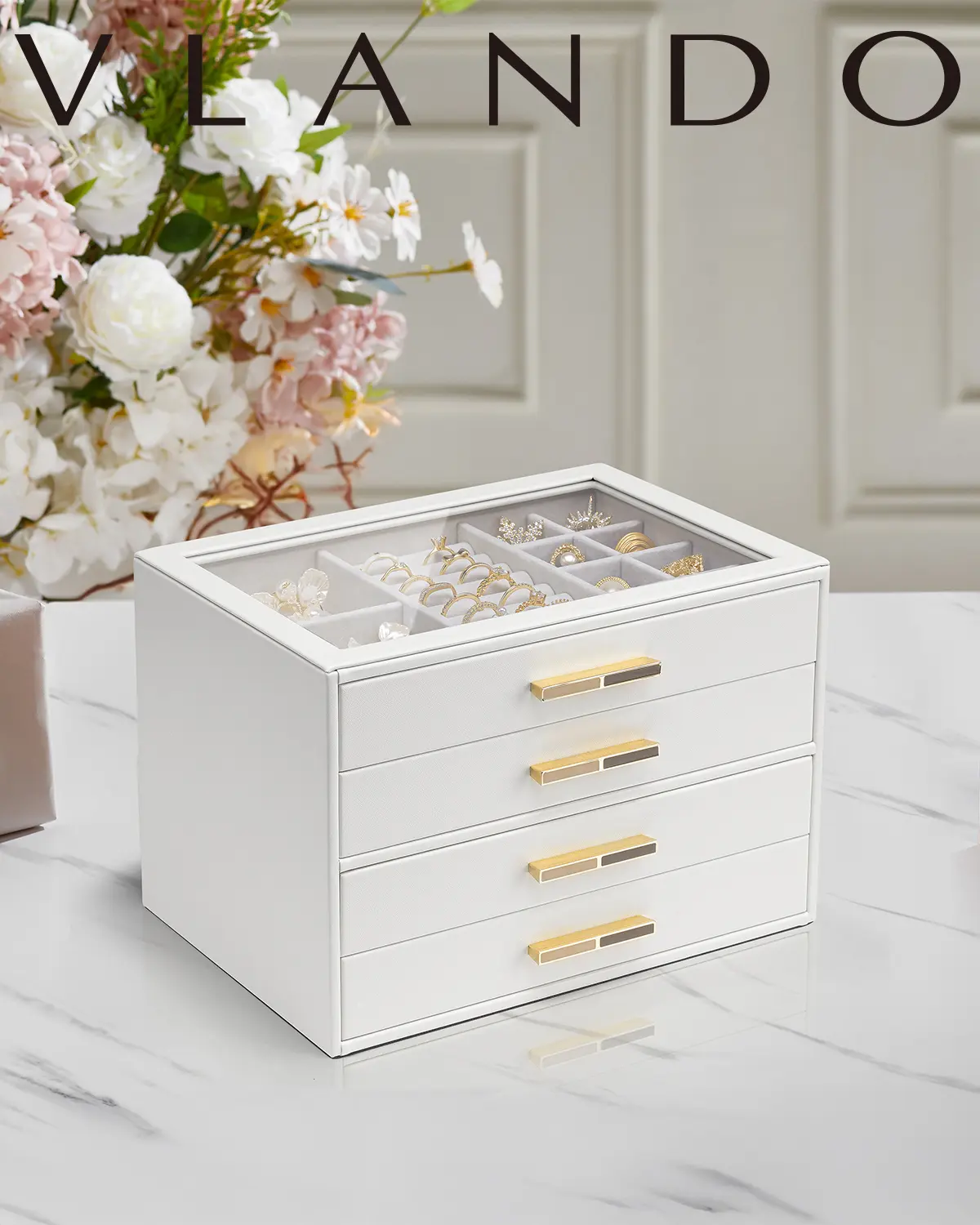 VLANDO Classic Rectangle Women's Jewelry Box for Women, 4-Layer with Waterproof Dustproof Glass Lid, 4 Drawers, Home Organizer Storage Box, Christmas Gift (Cream White), Jewelry For Women