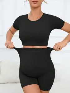 Women's Maternity Short Sleeve Crop Tee Yoga Shorts Set Two Piece Outfit Prenatal Maternity Clothing