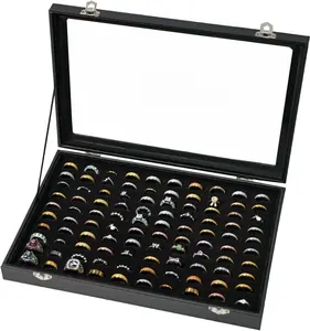 100 Slots Ring Display Case with Transparent Lid Ring Storage Box Rings Holder Case For Store Display Home Jewelry Display Rings Organizer Earring Holder Display Tray