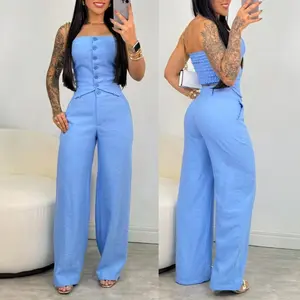 Women’s 2-Piece Bandeau Strapless Button-Decor Top and Casual Wide-Leg Pants Set — Black Minimalist Travel Suit for Spring Break (Mini Skirt Included)