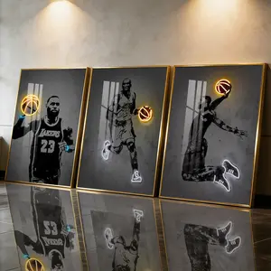 3Pcs Aluminum Alloy Framed Painting, Basketball Player Neon Light Art Picture, Home Decoration For Living Room, Bedroom, Office, Restaurant, Hallway Wall Decor, Odorless Print Artwork, Luxury Perfect Gift For Friends And Family