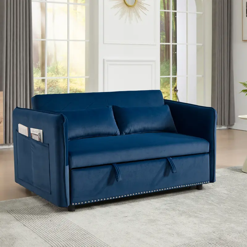 3 in 1 Convertible Sleeper Futon Sofa Bed, 55" Velvet Small Loveseat Lounge Couches with 2 Pillows, Reclining Backrest, Side Pockets for Living Room, Pull-Out Couch